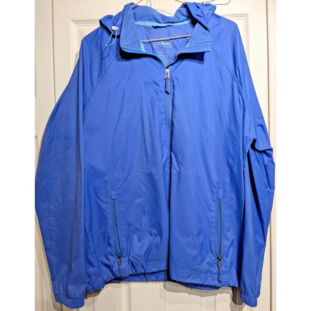 LL Bean Jacket Womens L Blue Hooded‎ Windbreaker Lightweight Full Zip Packable